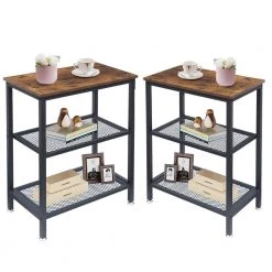 3-Tier Brown Side Table，Stable Open Book Shelves with Metal Frames, Rectangle End table，13.8"W x 21.6"D x 30"H，Set Of 2 by VECELO -Camaflexi Shop brown a2 vecelo end side tables khd xf nt05 brn a2 44 1000