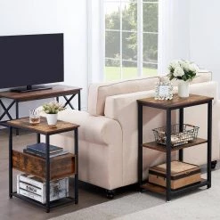 3-Tier Brown Side Table，Stable Open Book Shelves with Metal Frames, Rectangle End table，13.8"W x 21.6"D x 30"H，Set Of 2 by VECELO -Camaflexi Shop brown a2 vecelo end side tables khd xf nt05 brn a2 4f 1000
