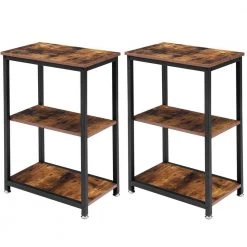 3-Tier Brown Side Table，Stable Open Book Shelves with Metal Frames, Rectangle End table，13.8"W x 21.6"D x 30"H，Set Of 2 by VECELO