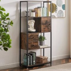 12 in. Wide Bookcase with Drawer/Storage Cabinet/Door, 5 Tier Industrial Wood Bookshelf Display Shelf Organizer, Brown by VECELO -Camaflexi Shop brown vecelo bookcases bookshelves khd jyx b03 1f 1000