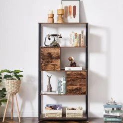 12 in. Wide Bookcase with Drawer/Storage Cabinet/Door, 5 Tier Industrial Wood Bookshelf Display Shelf Organizer, Brown by VECELO -Camaflexi Shop brown vecelo bookcases bookshelves khd jyx b03 44 1000