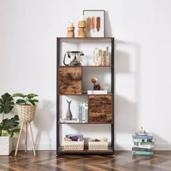 12 in. Wide Bookcase with Drawer/Storage Cabinet/Door, 5 Tier Industrial Wood Bookshelf Display Shelf Organizer, Brown by VECELO -Camaflexi Shop brown vecelo bookcases bookshelves khd jyx b03 66 1000