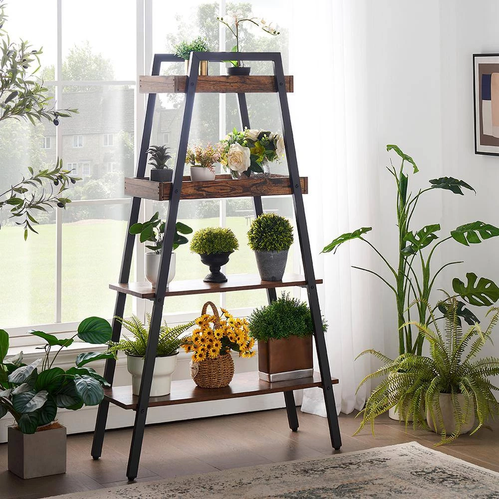 13 in. W 4-Tier Metal Ladder Shelf, Multifunctional Ladder Bookshelf Plant Flower Stand Storage Rack Shelves Bookcase by VECELO 4 13 in. W 4-Tier Metal Ladder Shelf, Multifunctional Ladder Bookshelf Plant Flower Stand Storage Rack Shelves Bookcase by VECELO - Image 2