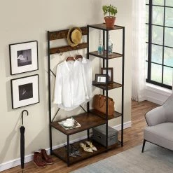Coat Rack Shoe Bench, Rustic Brown Hall Tree with 7 Hooks Entryway Storage 4-Tier Shelves and 1-Tier Shoe Shelf by VECELO -Camaflexi Shop brown vecelo coat racks khd xf cr02 brn 4f 1000