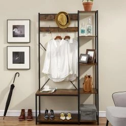 Coat Rack Shoe Bench, Rustic Brown Hall Tree with 7 Hooks Entryway Storage 4-Tier Shelves and 1-Tier Shoe Shelf by VECELO -Camaflexi Shop brown vecelo coat racks khd xf cr02 brn c3 1000