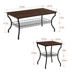39.4 in. Dark Brown Metal Frame End/Coffee/Side Table Set, Vintage with Storage Shelf for Living Room (Set of 3) by VECELO -Camaflexi Shop brown vecelo coffee tables khd xf lrs01 brn 1f 1000