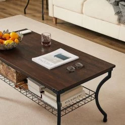 39.4 in. Dark Brown Metal Frame End/Coffee/Side Table Set, Vintage with Storage Shelf for Living Room (Set of 3) by VECELO -Camaflexi Shop brown vecelo coffee tables khd xf lrs01 brn 31 1000