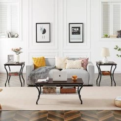 39.4 in. Dark Brown Metal Frame End/Coffee/Side Table Set, Vintage with Storage Shelf for Living Room (Set of 3) by VECELO -Camaflexi Shop brown vecelo coffee tables khd xf lrs01 brn 4f 1000