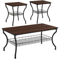 39.4 in. Dark Brown Metal Frame End/Coffee/Side Table Set, Vintage with Storage Shelf for Living Room (Set of 3) by VECELO