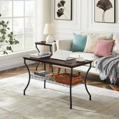 39.4 in. Dark Brown Metal Frame End/Coffee/Side Table Set, Vintage with Storage Shelf for Living Room (Set of 3) by VECELO -Camaflexi Shop brown vecelo coffee tables khd xf lrs01 brn 76 1000