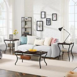 39.4 in. Dark Brown Metal Frame End/Coffee/Side Table Set, Vintage with Storage Shelf for Living Room (Set of 3) by VECELO -Camaflexi Shop brown vecelo coffee tables khd xf lrs01 brn c3 1000