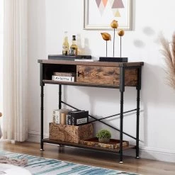 Console Side Table w/ Drawers, 11.8 in. W Vintage Hallway Foyer Table w/ Rectangle Shelves, 31.5 in. H Sofa Table, Brown by VECELO -Camaflexi Shop brown vecelo end side tables khd jyx cst04 brn 31 1000