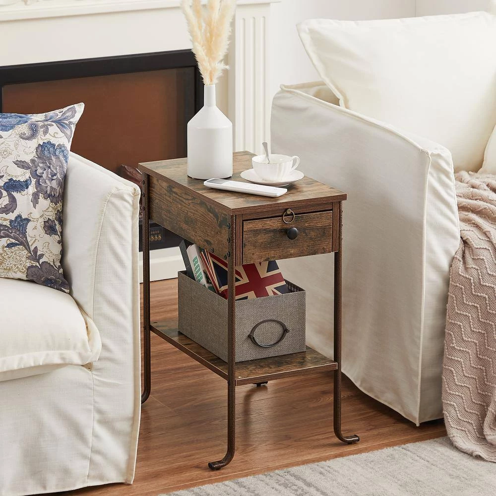 Rectangle Vintage Nightstand End/Side Table with Storage Drawer, STable Frame, Brown, 23.6 H x19.6 D x 11.8 W by VECELO 5 Rectangle Vintage Nightstand End/Side Table with Storage Drawer, STable Frame, Brown, 23.6 H x19.6 D x 11.8 W by VECELO - Image 3