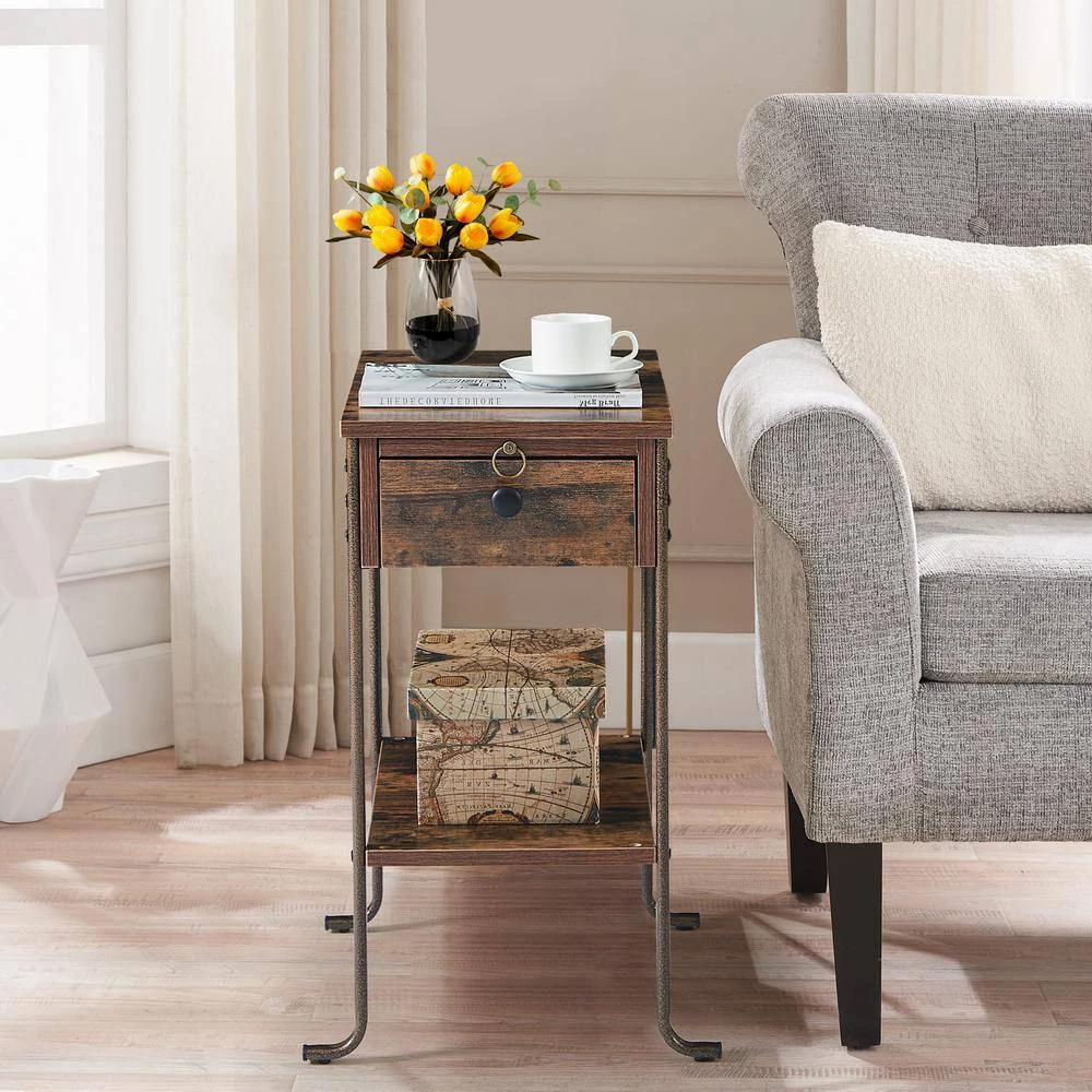 Rectangle Vintage Nightstand End/Side Table with Storage Drawer, STable Frame, Brown, 23.6 H x19.6 D x 11.8 W by VECELO 9 Rectangle Vintage Nightstand End/Side Table with Storage Drawer, STable Frame, Brown, 23.6 H x19.6 D x 11.8 W by VECELO - Image 7