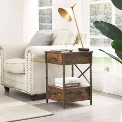 15.7 in. W Brown Nightstand 23.6 in. H with 2 Drawers for Living Room/Bedroom, X Design, Metal Frame End/Side Table by VECELO -Camaflexi Shop brown vecelo end side tables khd jyx set01 brn 4f 1000
