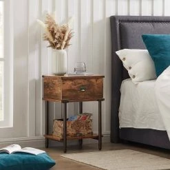 Rectangle Vintage Nightstand，13.8"W End/Side Table with Storage Drawer, 23.6"H Stable Frame, Brown，15.7"L Sofa Table by VECELO -Camaflexi Shop brown vecelo end side tables khd jyx set02 brn 76 1000