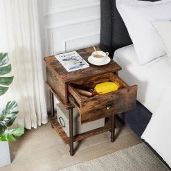 Rectangle Vintage Nightstand，13.8"W End/Side Table with Storage Drawer, 23.6"H Stable Frame, Brown，15.7"L Sofa Table by VECELO -Camaflexi Shop brown vecelo end side tables khd jyx set02 brn c3 1000