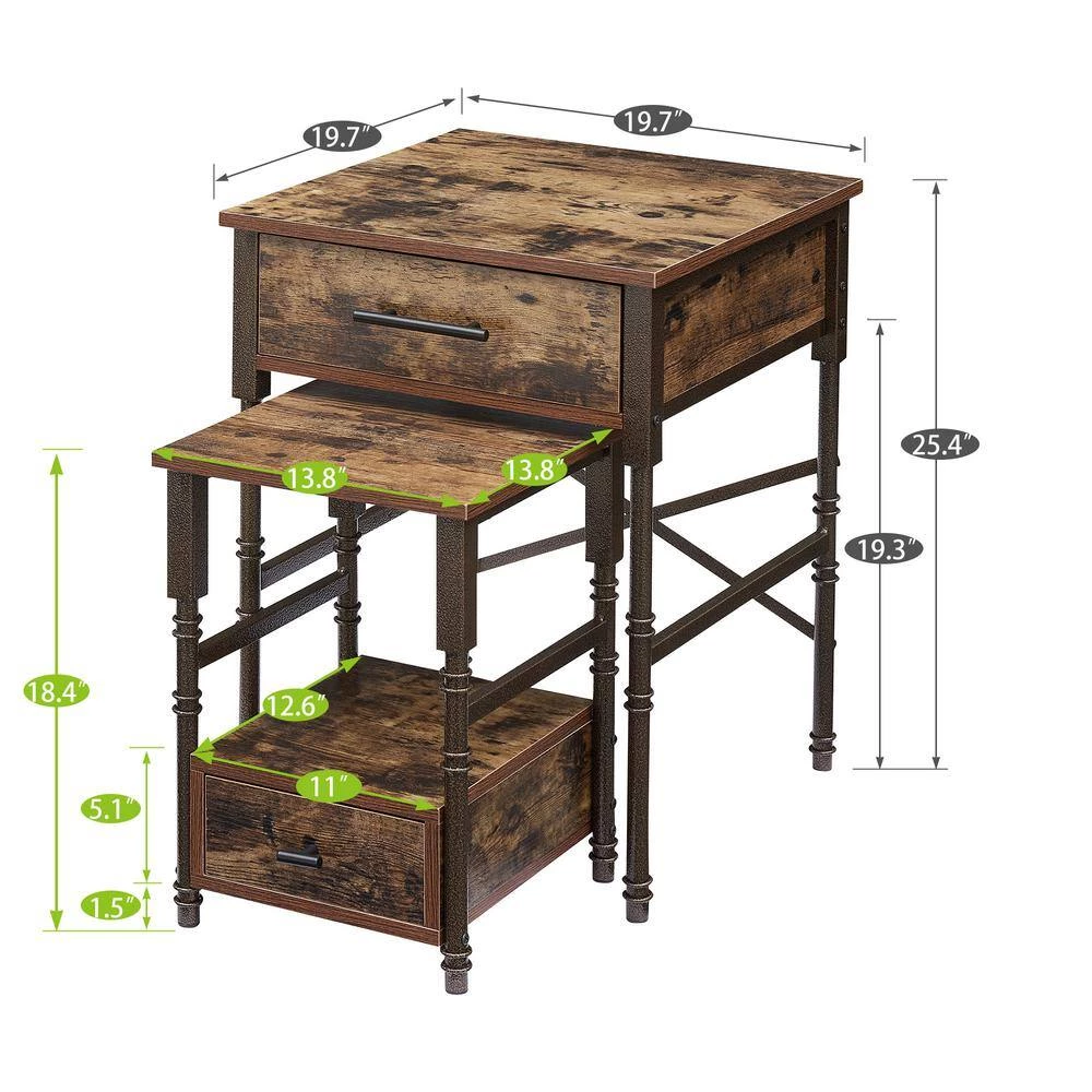 Rectangle Vintage Nightstand Set of 2,19.7"W End/Side Table with Storage Drawer, 25.4"H Stable Frame, Brown,19.7"L by VECELO 7 Rectangle Vintage Nightstand Set of 2,19.7"W End/Side Table with Storage Drawer, 25.4"H Stable Frame, Brown,19.7"L by VECELO - Image 5