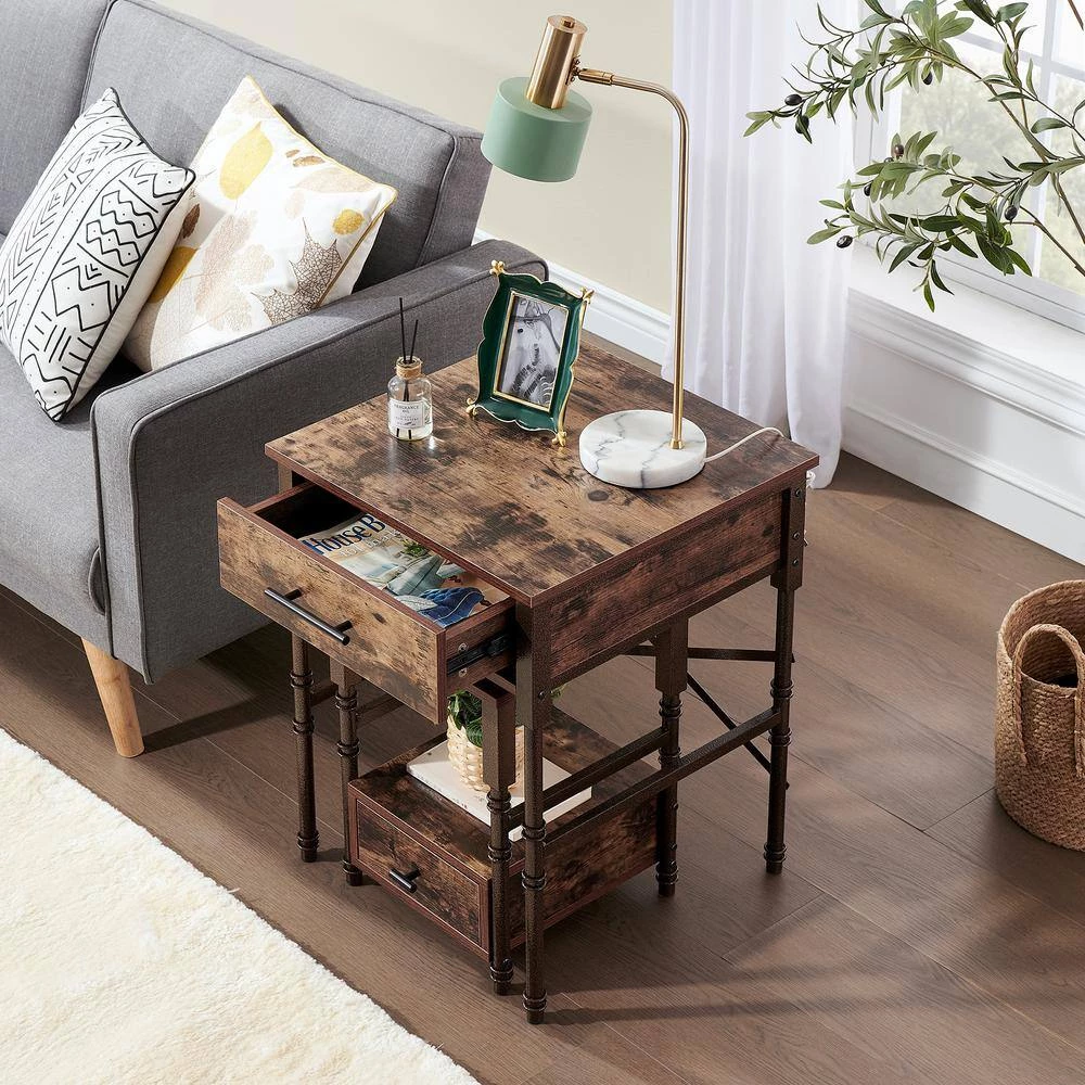 Rectangle Vintage Nightstand Set of 2,19.7"W End/Side Table with Storage Drawer, 25.4"H Stable Frame, Brown,19.7"L by VECELO 11 Rectangle Vintage Nightstand Set of 2,19.7"W End/Side Table with Storage Drawer, 25.4"H Stable Frame, Brown,19.7"L by VECELO - Image 9