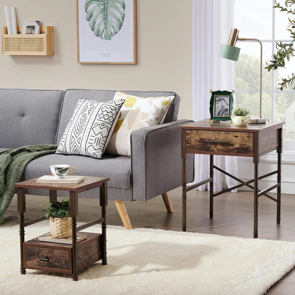 Rectangle Vintage Nightstand Set of 2,19.7"W End/Side Table with Storage Drawer, 25.4"H Stable Frame, Brown,19.7"L by VECELO 10 Rectangle Vintage Nightstand Set of 2,19.7"W End/Side Table with Storage Drawer, 25.4"H Stable Frame, Brown,19.7"L by VECELO - Image 8