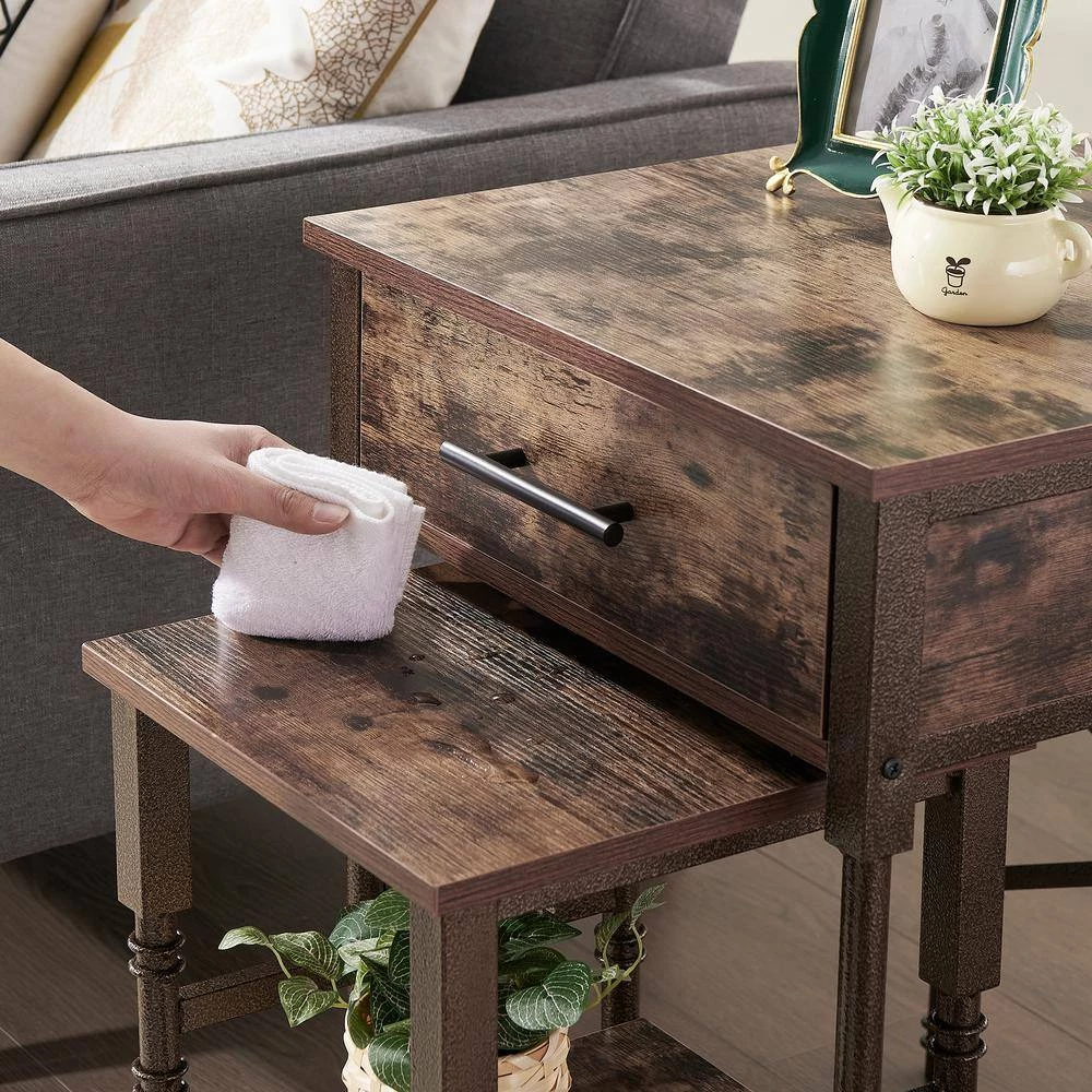 Rectangle Vintage Nightstand Set of 2,19.7"W End/Side Table with Storage Drawer, 25.4"H Stable Frame, Brown,19.7"L by VECELO 9 Rectangle Vintage Nightstand Set of 2,19.7"W End/Side Table with Storage Drawer, 25.4"H Stable Frame, Brown,19.7"L by VECELO - Image 7