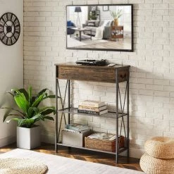 Narrow Sofa Side Tables for Living Room & Hallway, 11.3"W with Two Drawers and Double Rectangle Shelves，38.9"H, Brown by VECELO -Camaflexi Shop brown vecelo end side tables khd xf cst01 brn 31 1000