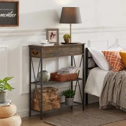 Narrow Sofa Side Tables for Living Room & Hallway, 11.3"W with Two Drawers and Double Rectangle Shelves，38.9"H, Brown by VECELO -Camaflexi Shop brown vecelo end side tables khd xf cst01 brn 4f 1000