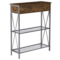 Narrow Sofa Side Tables for Living Room & Hallway, 11.3"W with Two Drawers and Double Rectangle Shelves,38.9"H, Brown by VECELO