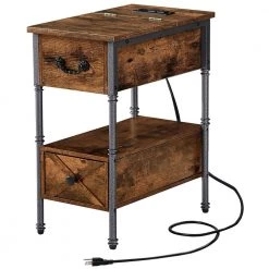 Side Table with USB Ports, Brown Side Table with Rectangle Box, Nightstand with Charging Station19.6"D x 23.6"H x 11.8"W by VECELO