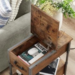 Side Table with USB Ports, Brown Side Table with Rectangle Box, Nightstand with Charging Station19.6"D x 23.6"H x 11.8"W by VECELO -Camaflexi Shop brown vecelo end side tables khd xf nt13 brn 76 1000