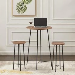 Dinning Table Sets 23.6 in. Round Brown Bistro Wood top with Metal Frame Table and Chairs for Dining Room (Set of 3) by VECELO -Camaflexi Shop brown vecelo kitchen dining tables khd jyx bst03 brn 31 1000