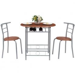 3-Piece Wooden Round Table & Chair Set for Compact Space w/Steel Frame, Built-in Wine Rack,31.5"Lx21"Wx29.9"T,Brown by VECELO 17 3-Piece Wooden Round Table & Chair Set for Compact Space w/Steel Frame, Built-in Wine Rack,31.5"Lx21"Wx29.9"T,Brown by VECELO -Camaflexi Shop brown vecelo kitchen dining tables khd mx tc09a brn 1f 1000