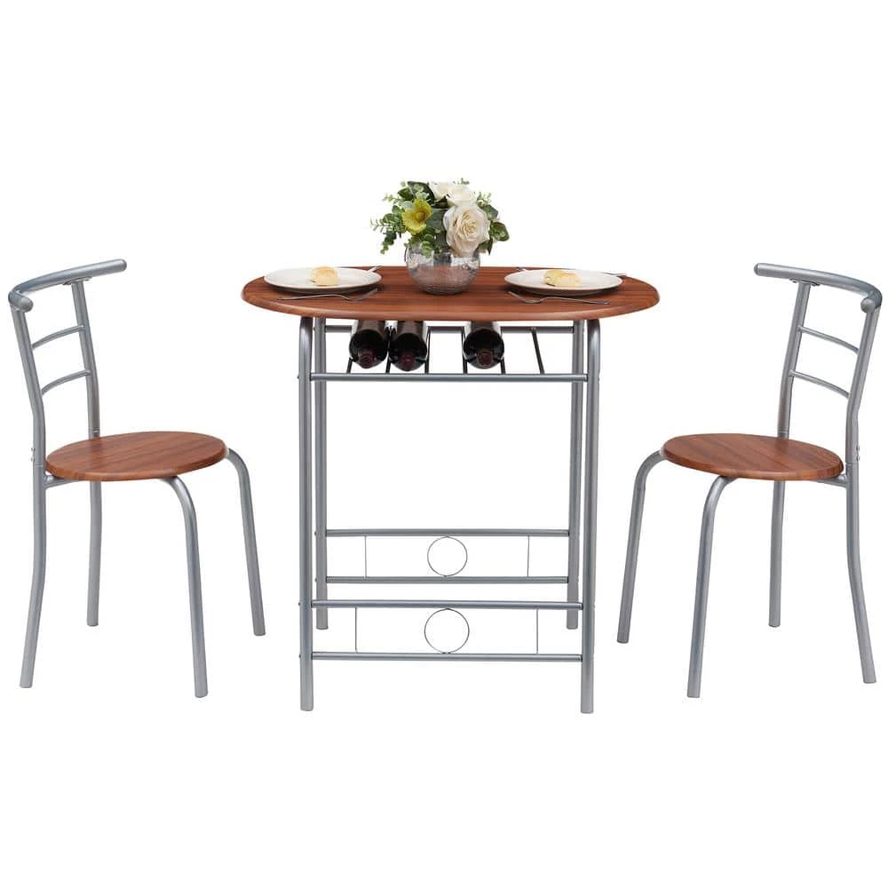 3-Piece Wooden Round Table & Chair Set for Compact Space w/Steel Frame, Built-in Wine Rack,31.5"Lx21"Wx29.9"T,Brown by VECELO 8 3-Piece Wooden Round Table & Chair Set for Compact Space w/Steel Frame, Built-in Wine Rack,31.5"Lx21"Wx29.9"T,Brown by VECELO - Image 6