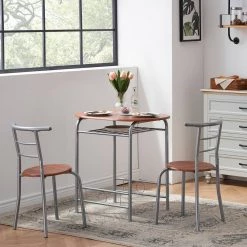 3-Piece Wooden Round Table & Chair Set for Compact Space w/Steel Frame, Built-in Wine Rack,31.5"Lx21"Wx29.9"T,Brown by VECELO 21 3-Piece Wooden Round Table & Chair Set for Compact Space w/Steel Frame, Built-in Wine Rack,31.5"Lx21"Wx29.9"T,Brown by VECELO -Camaflexi Shop brown vecelo kitchen dining tables khd mx tc09a brn 31 1000