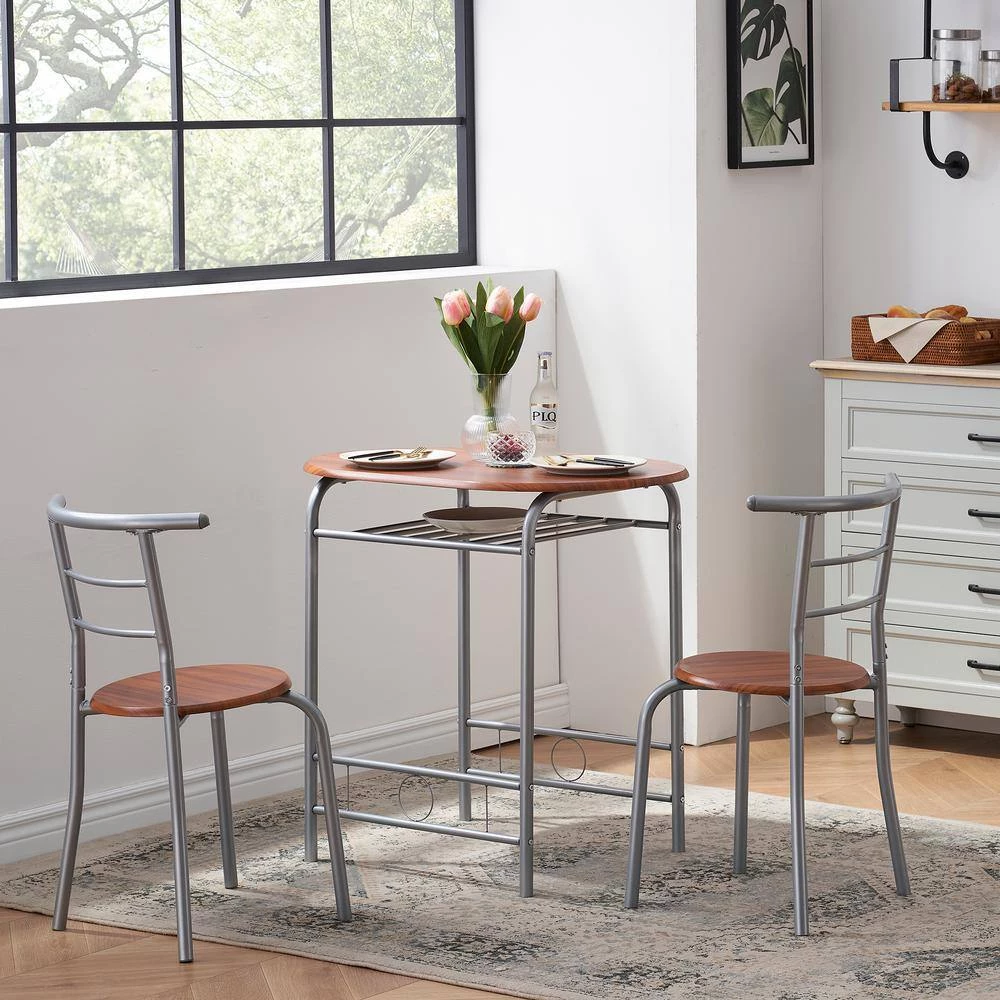 3-Piece Wooden Round Table & Chair Set for Compact Space w/Steel Frame, Built-in Wine Rack,31.5"Lx21"Wx29.9"T,Brown by VECELO 12 3-Piece Wooden Round Table & Chair Set for Compact Space w/Steel Frame, Built-in Wine Rack,31.5"Lx21"Wx29.9"T,Brown by VECELO - Image 10