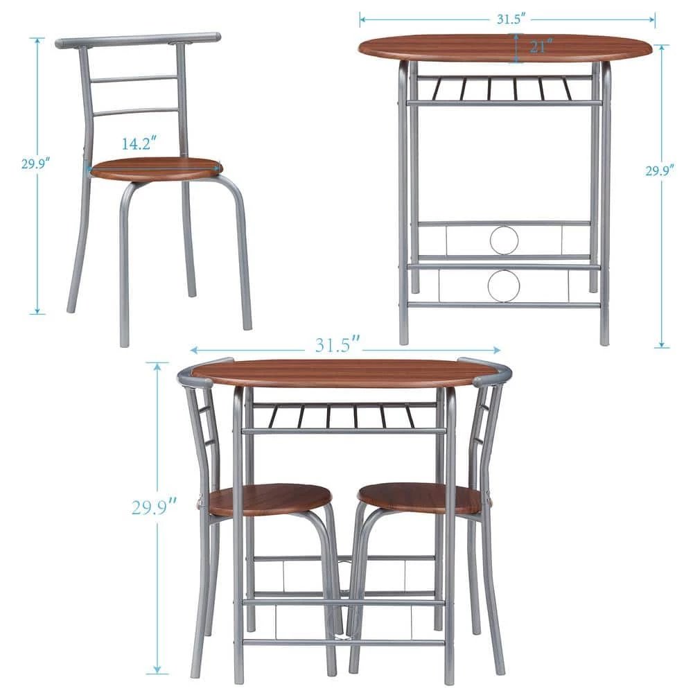 3-Piece Wooden Round Table & Chair Set for Compact Space w/Steel Frame, Built-in Wine Rack,31.5"Lx21"Wx29.9"T,Brown by VECELO 7 3-Piece Wooden Round Table & Chair Set for Compact Space w/Steel Frame, Built-in Wine Rack,31.5"Lx21"Wx29.9"T,Brown by VECELO - Image 5