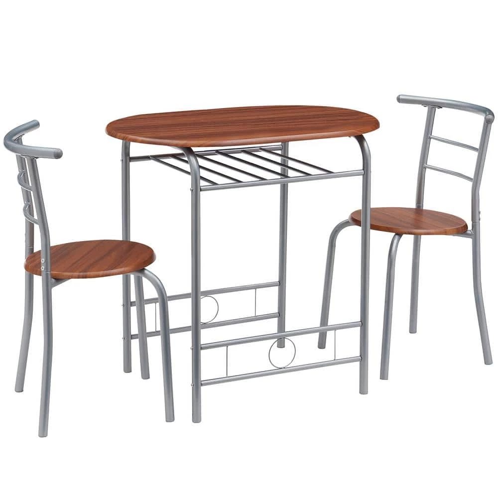 3-Piece Wooden Round Table & Chair Set for Compact Space w/Steel Frame, Built-in Wine Rack,31.5"Lx21"Wx29.9"T,Brown by VECELO 3 3-Piece Wooden Round Table & Chair Set for Compact Space w/Steel Frame, Built-in Wine Rack,31.5"Lx21"Wx29.9"T,Brown by VECELO