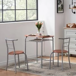 3-Piece Wooden Round Table & Chair Set for Compact Space w/Steel Frame, Built-in Wine Rack,31.5"Lx21"Wx29.9"T,Brown by VECELO 14 3-Piece Wooden Round Table & Chair Set for Compact Space w/Steel Frame, Built-in Wine Rack,31.5"Lx21"Wx29.9"T,Brown by VECELO -Camaflexi Shop brown vecelo kitchen dining tables khd mx tc09a brn 66 1000