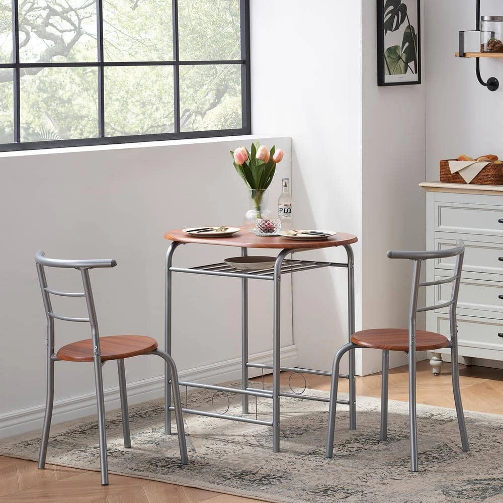 3-Piece Wooden Round Table & Chair Set for Compact Space w/Steel Frame, Built-in Wine Rack,31.5"Lx21"Wx29.9"T,Brown by VECELO 5 3-Piece Wooden Round Table & Chair Set for Compact Space w/Steel Frame, Built-in Wine Rack,31.5"Lx21"Wx29.9"T,Brown by VECELO - Image 3