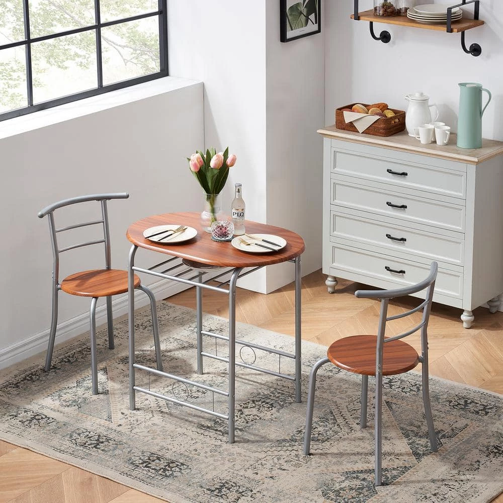 3-Piece Wooden Round Table & Chair Set for Compact Space w/Steel Frame, Built-in Wine Rack,31.5"Lx21"Wx29.9"T,Brown by VECELO 4 3-Piece Wooden Round Table & Chair Set for Compact Space w/Steel Frame, Built-in Wine Rack,31.5"Lx21"Wx29.9"T,Brown by VECELO - Image 2