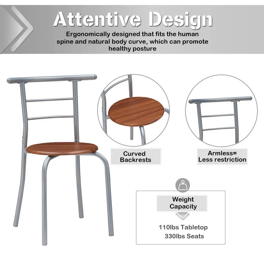 3-Piece Wooden Round Table & Chair Set for Compact Space w/Steel Frame, Built-in Wine Rack,31.5"Lx21"Wx29.9"T,Brown by VECELO 10 3-Piece Wooden Round Table & Chair Set for Compact Space w/Steel Frame, Built-in Wine Rack,31.5"Lx21"Wx29.9"T,Brown by VECELO - Image 8