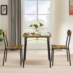 27.5 in. L 3-Piece Dining Table Set Rectangular Kitchen 1 Table & 2 Chairs Wooden Table Set with Metal Frame,Brown by VECELO 19 27.5 in. L 3-Piece Dining Table Set Rectangular Kitchen 1 Table & 2 Chairs Wooden Table Set with Metal Frame,Brown by VECELO -Camaflexi Shop brown vecelo kitchen dining tables khd mx tc10a 31 1000