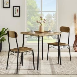 27.5 in. L 3-Piece Dining Table Set Rectangular Kitchen 1 Table & 2 Chairs Wooden Table Set with Metal Frame,Brown by VECELO 14 27.5 in. L 3-Piece Dining Table Set Rectangular Kitchen 1 Table & 2 Chairs Wooden Table Set with Metal Frame,Brown by VECELO -Camaflexi Shop brown vecelo kitchen dining tables khd mx tc10a 4f 1000
