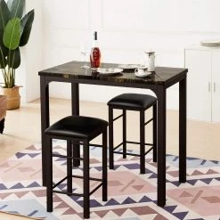 3 Pcs Dining Table and Chairs Set with Faux Marble Tabletop 2 Chairs Contemporary Dining Table Set, 42.1"X22.2"X36" by VECELO -Camaflexi Shop brown vecelo kitchen dining tables khd xjm tc03 1d 1000