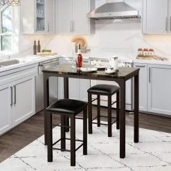 3 Pcs Dining Table and Chairs Set with Faux Marble Tabletop 2 Chairs Contemporary Dining Table Set, 42.1"X22.2"X36" by VECELO -Camaflexi Shop brown vecelo kitchen dining tables khd xjm tc03 44 1000