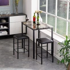 3 Pcs Dining Table and Chairs Set with Faux Marble Tabletop 2 Chairs Contemporary Dining Table Set, 42.1"X22.2"X36" by VECELO -Camaflexi Shop brown vecelo kitchen dining tables khd xjm tc03 76 1000