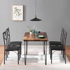 5-Piece Metal and Wood Indoor Modern Rectangular Dining Table Furniture Set 43.3"L, Brown，Breakfast Nook w/4 Chairs by VECELO -Camaflexi Shop brown vecelo kitchen dining tables khd xjm tc04 31 1000