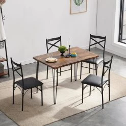 5-Piece Metal and Wood Indoor Modern Rectangular Dining Table Furniture Set 43.3"L, Brown，Breakfast Nook w/4 Chairs by VECELO -Camaflexi Shop brown vecelo kitchen dining tables khd xjm tc04 44 1000