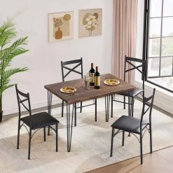 5-Piece Metal and Wood Indoor Modern Rectangular Dining Table Furniture Set 43.3"L, Brown，Breakfast Nook w/4 Chairs by VECELO -Camaflexi Shop brown vecelo kitchen dining tables khd xjm tc04 4f 1000