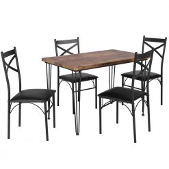 5-Piece Metal and Wood Indoor Modern Rectangular Dining Table Furniture Set 43.3"L, Brown，Breakfast Nook w/4 Chairs by VECELO